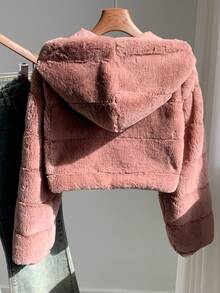 Comfortcana Abrigo con capucha corto de unicolor de felpa para mujer en otoño/invierno - Marrón - Ver 2