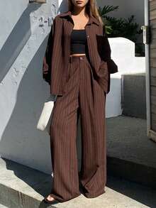 Livesso Brown Textured Pleated Striped Long Sleeve Shirt And Straight Leg Casual Pants 2 Pieces Suit Set, Loose Fit Business Casual Vacation Office Wear, Suitable For Autumn, Spring, Summer - Brown - View 7