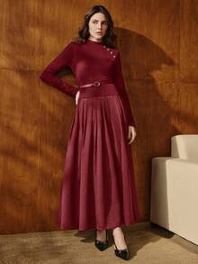 Anewsta 优雅针织拼接腰带装饰 A 字长裙，秋冬季，适合外出、正式场合、派对、时尚、新年、圣诞节、工作、毕业典礼、婚礼等场合。 - 酒紅色 - 查看 7