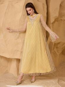 Al Najma Fashionable New Luxury Elegant Beaded Mesh Women's Arabic Style Dress - Yellow - View 6