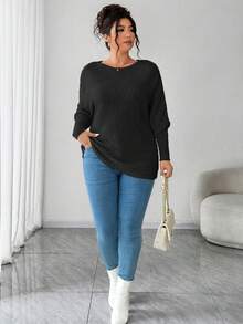 Elenzga Suéter holgado y suelto con hombros descubiertos de manga larga y talla grande para mujer, adecuado para usar como prenda exterior en invierno - Negro - Ver 1