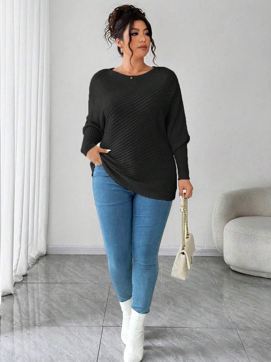 Elenzga Suéter holgado y suelto con hombros descubiertos de manga larga y talla grande para mujer, adecuado para usar como prenda exterior en invierno - Negro - Ver 1