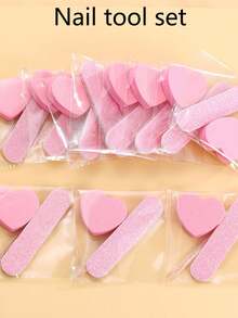 2sets/5sets/10sets/20sets Pink Manicure Tool Kit: Mini Nail File, Heart-Shaped Buffing Sponge, Crystal Stick, Great For Polishing Jewelry & DIY Nails - Pink - View 1