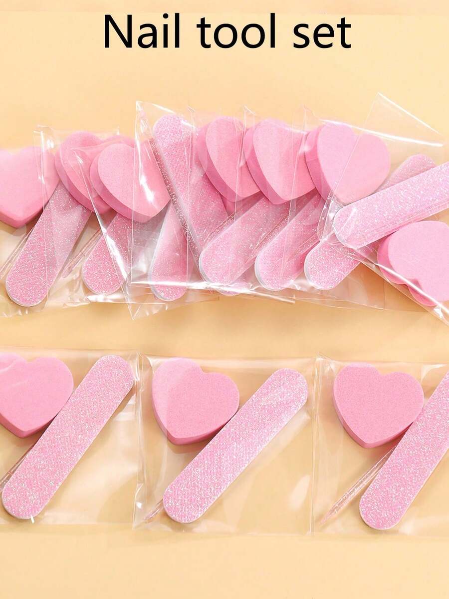 2sets/5sets/10sets/20sets Pink Manicure Tool Kit: Mini Nail File, Heart-Shaped Buffing Sponge, Crystal Stick, Great For Polishing Jewelry & DIY Nails - Pink - View 1
