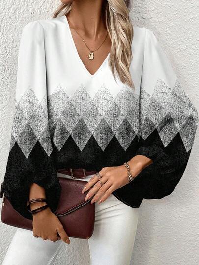 EMERY ROSE Romantic Casual Black & White Ombre Rhombus Geometric Print Plus Size Women's  Loose V-Neck Lantern Sleeve Blouse, Black Top, Suitable For New Year Spring,Summer/Vacation