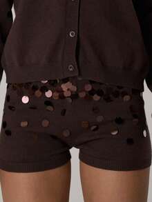 MUSERA Quần short dệt kim đính sequin, quần dài phối hợp, kiểu dáng thường ngày, dễ thương, ấm áp, thích hợp mặc ở nhà, phong cách Coco Cloud. - Màu nâu Sô-cô-la - Xem 5