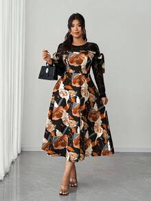 Elenzga Plus Size Women Elegant Lace Patchwork Floral Print Dress - Multicolor - View 1