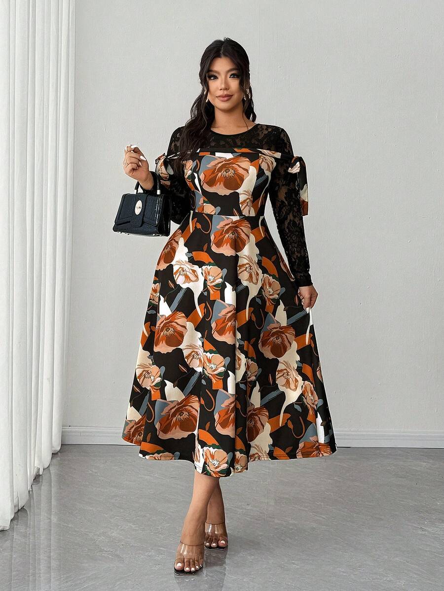 Elenzga Plus Size Women Elegant Lace Patchwork Floral Print Dress - Multicolor - View 1