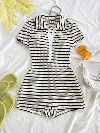 Soleia Striped Romper For Women, Casual For Vacation, Date, Beach, Bodysuits For Women Short Sleeve, Retro Women Clothes, Nightclub, Beach, Cruise, Graduation Brunch, St. Patrick's Day, Spring Break, Easter, Music Festival, Elegant Boho Tropical