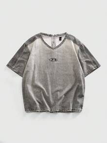 ROMWE MEN Street Life Áo denim hai màu cổ chữ V thường ngày cho nam - Màu Xám nhạt - Xem 1