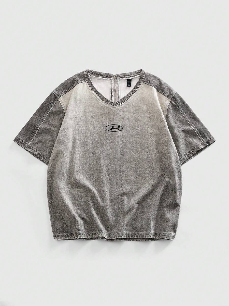 ROMWE MEN Street Life Áo denim hai màu cổ chữ V thường ngày cho nam - Màu Xám nhạt - Xem 1