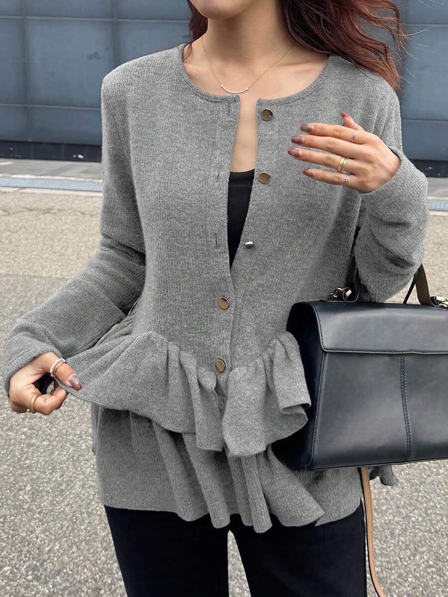 FRIFUL Women's Round Neck Metal Button Decor Hem Layered Ruffle Trim Fitted Casual T-Shirt - Light Grey - View 1
