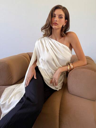 Aloruh Apricot Asymmetrical Satin Sleeveless Blouse, Elegant For Commuting, New Spring/Summer,Spring Outfit Women