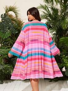 Slaydiva Bộ đồ bơi 2 mảnh cỡ lớn dành cho nữ, mẫu mới năm 2025, họa tiết sọc nhiều màu sắc, thời trang đi nghỉ mát và thường ngày, dáng ôm sát, cổ cao, viền kim loại, nhiều màu sắc, chất liệu xuyên thấu. - Nhiều màu - Xem 2