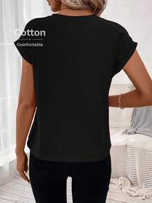 Easowa Áo thun nữ tay ngắn cổ tròn dáng rộng thoải mái cho mùa hè - màu đen - Xem 5