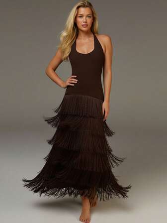 COSMINA 女士纯色多层流苏下摆露背性感连衣裙