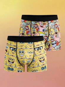 SpongeBob SquarePants | SHEIN Tween Boy 2pcs Soft Breathable Cute Cartoon Pattern Trunks - Yellow - View 1