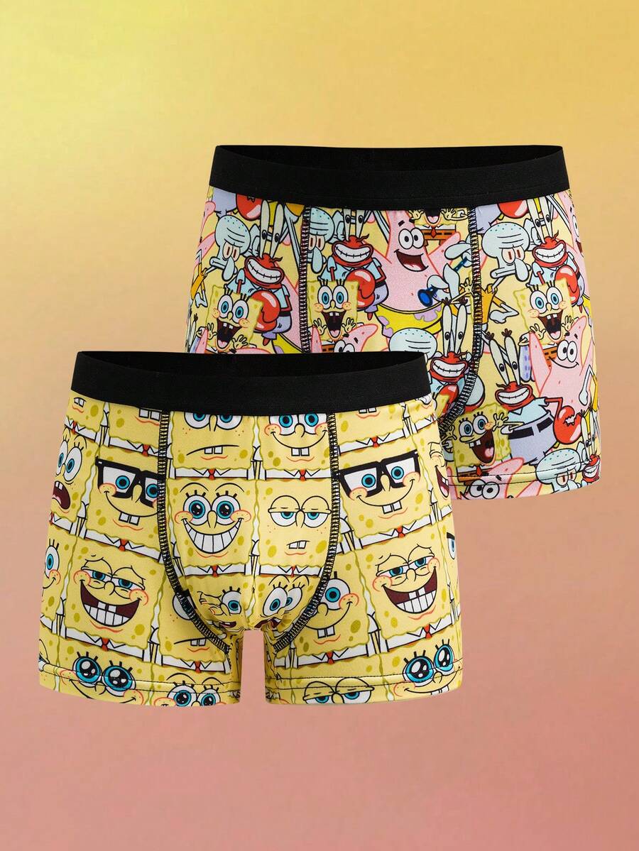 SpongeBob SquarePants | SHEIN Tween Boy 2pcs Soft Breathable Cute Cartoon Pattern Trunks - Yellow - View 1