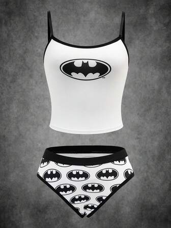 BATMAN X SHEIN 女士舒适柔软撞色滚边蝙蝠印花吊带背心和内裤套装