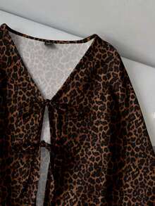 SHEIN LUNE 女士休闲印花系带喇叭袖上衣，适合秋冬春季穿着，休闲百搭 - 彩色 - 查看 4