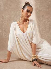 Lumalex 超大V领针织系带装饰蝙蝠袖长款薄纱连衣裙 - 杏色 - 查看 4