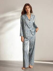 Ocili Bộ đồ ngủ nữ bằng vải satin jacquard, họa tiết trừu tượng tối giản, thoải mái, cổ ve lật, tay dài và quần dài, thích hợp cho giấc ngủ mùa thu hoặc mùa đông. - Màu xanh bụi bặm - Xem 2