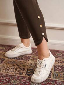 EMERY ROSE 大码女式高腰纯色保暖内衬纽扣装饰开衩裤脚修身休闲/工作裤，秋冬款 - 棕色 - 查看 5