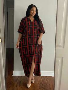 SHEIN Lady CURVE 秋冬优雅休闲工作派对棕色豹纹V领开衩蝴蝶袖女装连衣裙