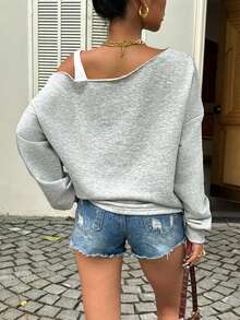 Muchica 休闲简约街头风拼接效果纽约标语不对称领卫衣，女款秋冬 - 灰色 - 查看 2