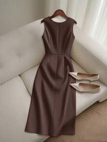 Franclia Petite Váy xẻ cao hở lưng nhún eo màu nâu - màu nâu - Xem 2