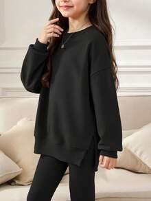 1 Set Tween-Mädchen Drop-Shoulder lässiges, locker geschnittenes Hoodie und enge Leggings Outfit, Schwarz/Dunkelfarben, stilvolle Herbst/Winter Kleidung - Schwarz - Übersicht 3