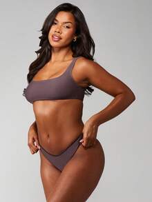 MISSGUIDED Square Neck Bikini Top With Regular Straps Summer Swimwear Beach Pool Vacation Swimsuit Top - Brown - View 1