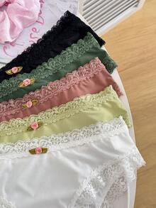5条/包 女士纯色蕾丝拼接舒适比基尼内裤 - 彩色 - 查看 3