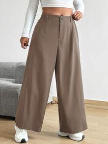 Vionelle Plus Size Loose Wide Leg Pants With Pockets, Solid Color - Khaki - View 3