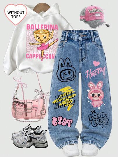 SHEIN ChillGRL Unga flickor casual denimjeans, mångsidig stil, söt kaninflicktryck, vintage mellanblå tvättade raka benbyxor