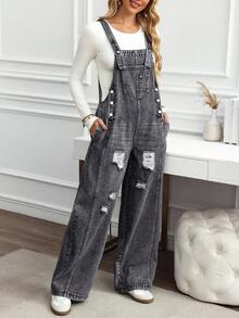 EMERY ROSE Women's Casual Versatile Everyday Wear Distressed Pocket Denim Jumpsuit With Wide Leg - Black - View 6