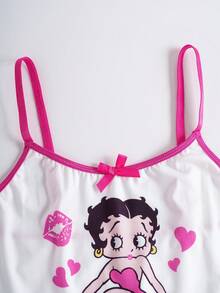 Betty Boop x SHEIN Women's Cartoon Character & Letter Print Contrast Binding Bow Detail Bra And Brief Set - Hot Pink - View 3