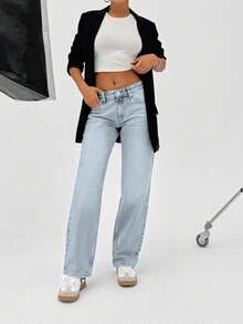 CasuGlow 100% Cotton LOW RISE  STRAIGHT FIT VINTAGE WASH Y2K STYLE JEAN - Baby Blue - View 5