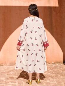 SHEIN Tween Girl Floral Print V-Neck Long Sleeve Loose Dress Long Modest Dresses For Girls - Multicolor - View 3