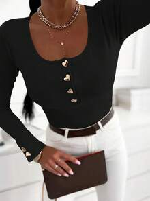 Silhoulove Fitted Sexy Round Neck Half-Open Front Heart Button Casual Long Sleeve Women T-Shirt - Black - View 3