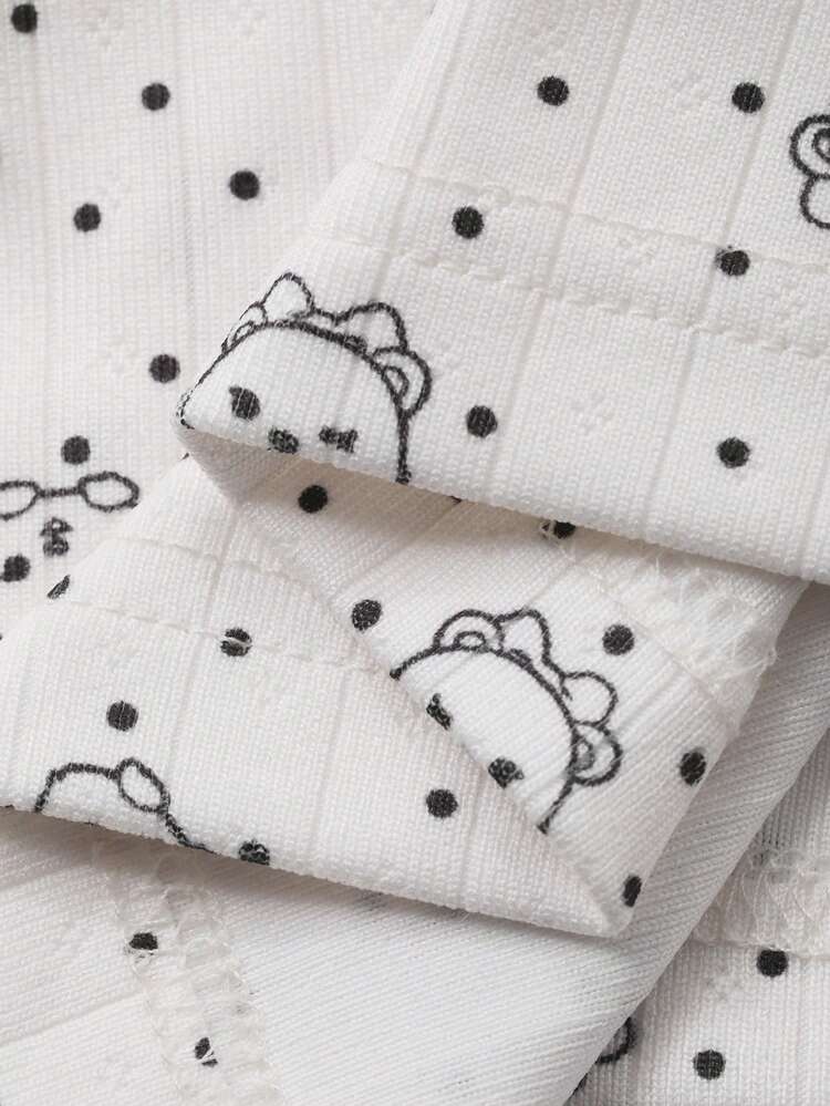 Polka Dot Bear & Floral Pattern Loose Women Pajama Set