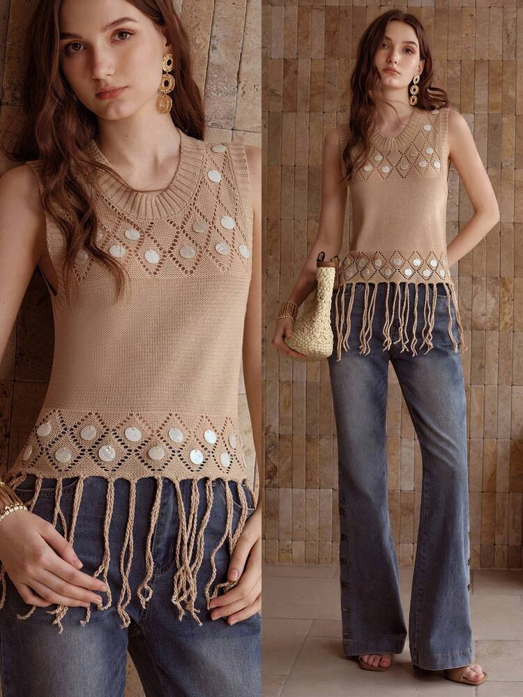 SHELL DECOR FRINGE HEM KNIT TOP