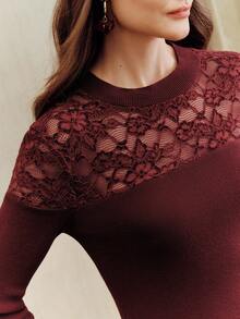 Anewsta Elegant Slim-Fit Women's Sweater With High Neck, Lace Patchwork And Hollow Design, Red, Valentine's Day Outfits For Women - Red - View 3