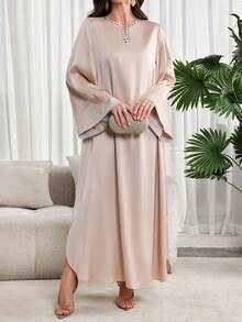 Al Najma 女士彩色刺绣优雅长袖土耳其长裙和阿拉伯传统长袍 - 杏色 - 查看 5