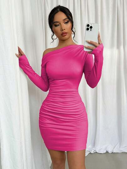 Elenzga Solid Color Fitted Fashionable Asymmetric Ruched Long Sleeve Dress