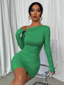 Elenzga 女士不对称褶皱长袖连衣裙 - 綠色 - 查看 6
