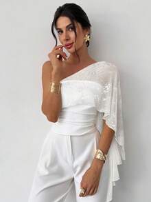 Firerie Women's Elegant Casual Vacation Daily Fashion Versatile White Asymmetric Neck Mesh Patchwork Asymmetrical Tie Fitted Blouse, Summer - White - View 4