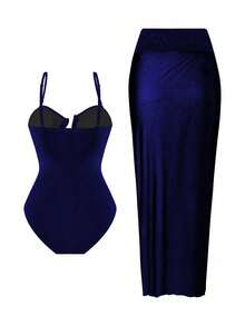Swim Oasis 2026 New Women's Solid Color 2-Piece Strap Hollow Out Swimsuit With Mesh Maxi Skirt, Summer Casual One Piece Swimsuit Set Navy Blue Outfit Women Swimwear 3 Pieces Set Navy Blue Skirt Navy Blue Swimsuit Women's Navy Blue Outfit - Blue - View 2