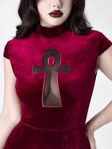 ROMWE Goth 大码女式哥特吸血鬼紧身古埃及十字架镂空高开衩连衣裙 - 酒紅色 - 查看 2