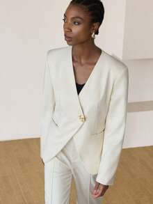 Aveloria Modichic Fashionable & Elegant Casual White Wide-Leg Pants, White V-Neck Suit Set With Metal Button Decor - White - View 1